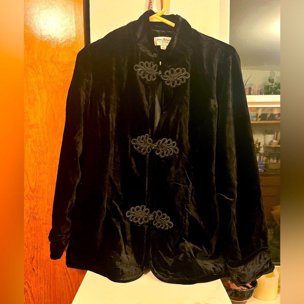 Black velvet coat with loop button closure